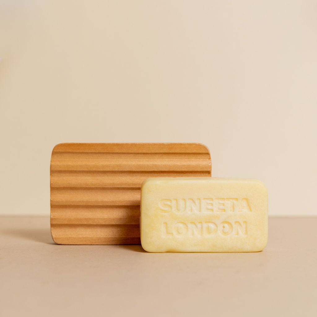 lime and rosemary massage bar, zero waste moisturiser, solid state cream, melt on body moisturiser, beechwood soap dish