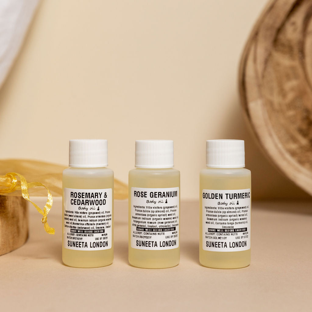 moisturising body oil pack, Suneeta London organic body oil, alkaline skincare, rosemary & cedarwood body oil, rose geranium body oil, golden turmeric body oil, perfect for gift ideas