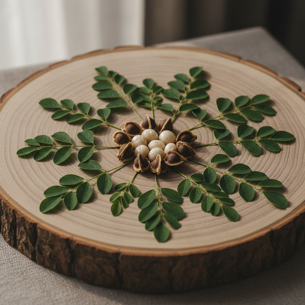 Moringa Seeds and Leaves on Wood