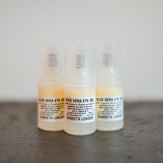 vegan eye products in a collection, aloe vera eye gel by Suneeta London for puffy eyes dark circles