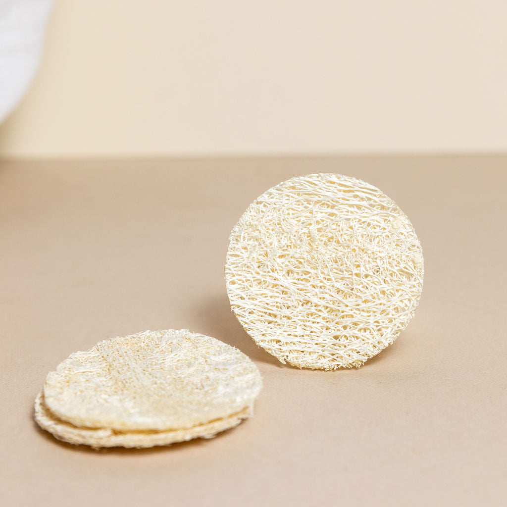 natural loofah facial discs, perfect to exfoliate with or use damp with suneeta london's cleansers