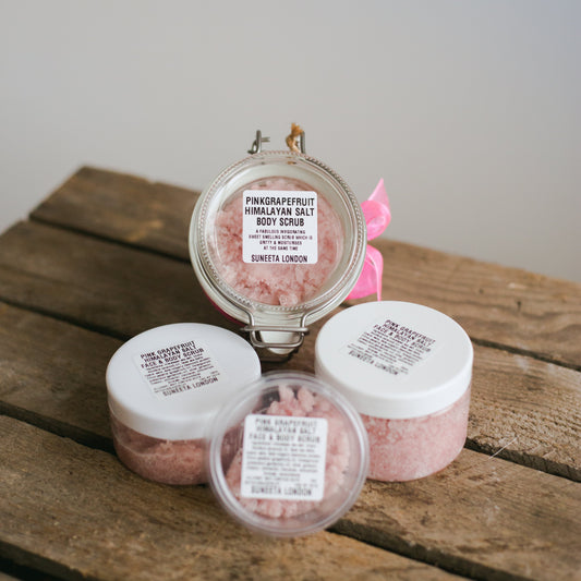pink grapefruit, Himalayan salt scrub, salt scrub, pink scrub, natural body scrub diy exfoliate suneeta grapefruit, Suneeta London, salt scrub, salt exfoliator, natural body scrub, natural salt scrub, salt body scrub, gift idea