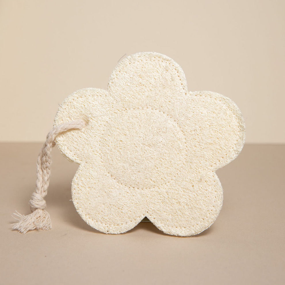 natural loofah flower shaped with cotton rope strap, use with suneeta London's cleansers for perfect results.