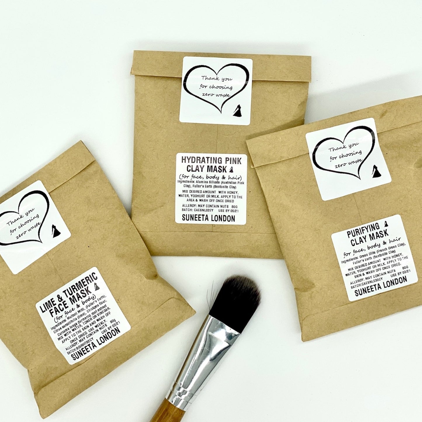 plastic-free Bamboo Face Mask Brush and selection of waterless clay face masks by suneeta cosmetics London