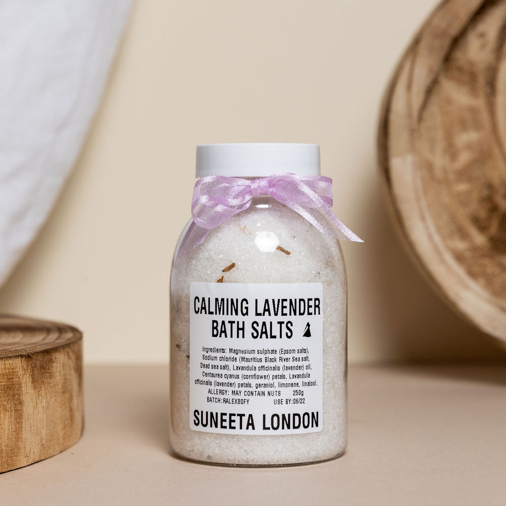 calming lavender bath salts, suneeta bath salts, lavender bath salts, Suneeta London, organic sea salt