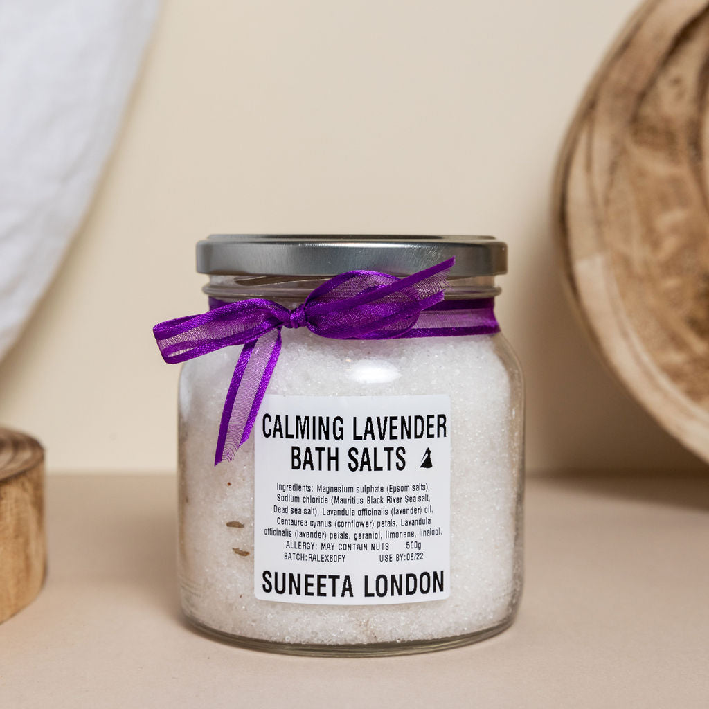 calming lavender bath salts, glass jar, zero waste, organic sea salt, suneeta bath salts, lavender bath salts, Suneeta London