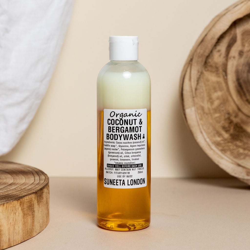 organic body wash coconut & bergamot 250ml, natural handmade skincare, alkaline skincare, Suneeta London , best natural skincare
