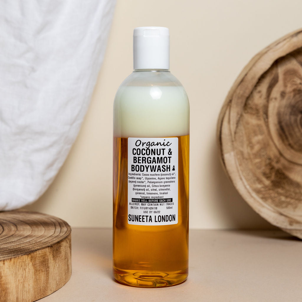 organic coconut & bergamot body wash 500ml, handmade skincare, natural bodywash, Suneeta London 5 star review product, vegan skincare, best vegan skincare company Suneeta London