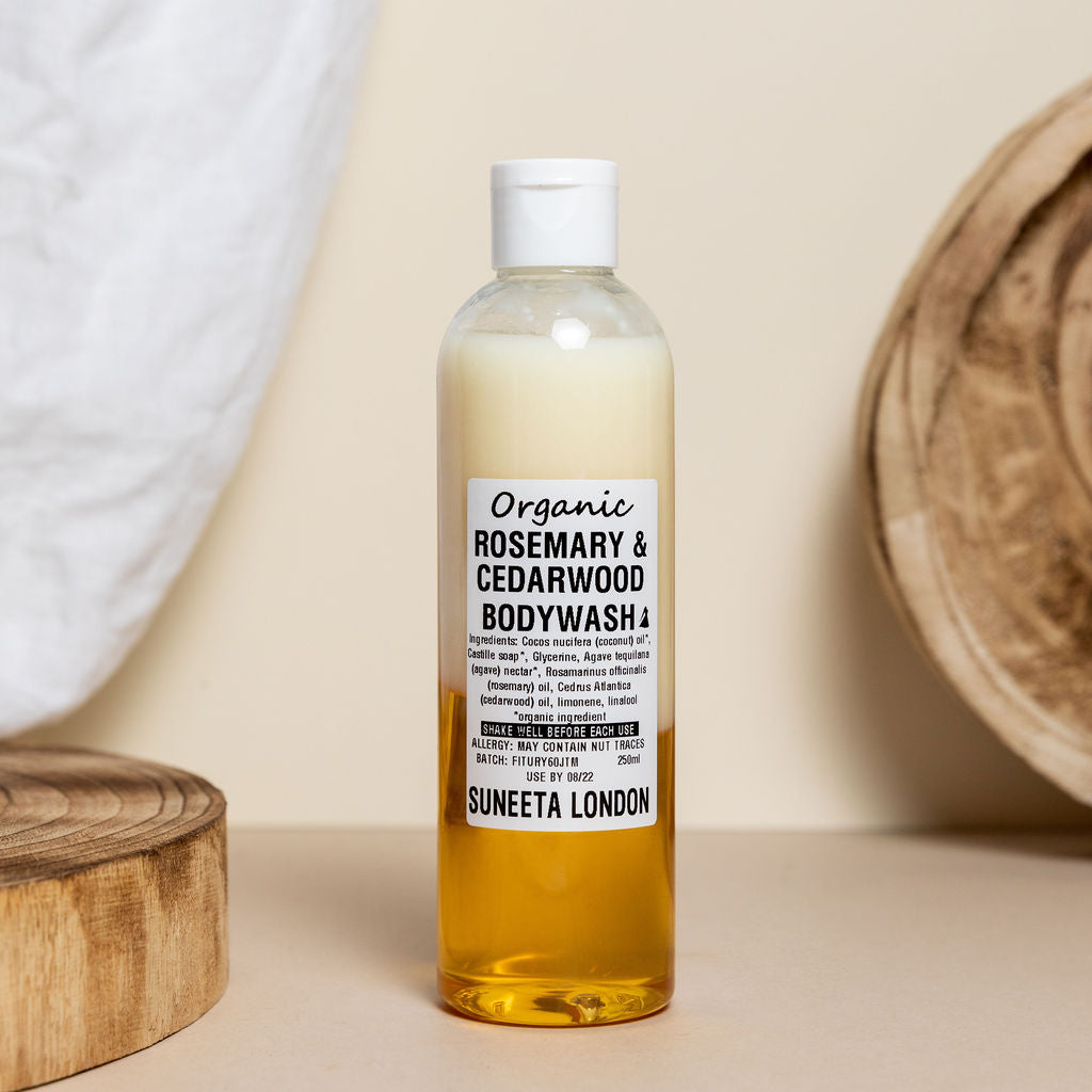 organic rosemary & cedar wood body wash 250ml, natural handmade shower gel, organic beauty product, alkaline body wash, alkaline skincare, organic skincare is alkaline promoting, Suneeta London popular body wash, portobello road market, brick lane market