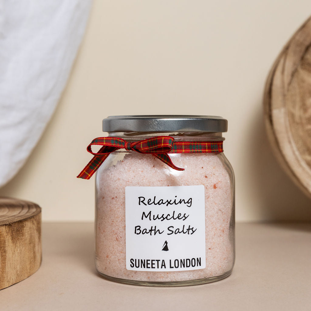 relaxing muscles bath salts, Suneeta London, zero waste skincare, eco friendly & sustainable gift