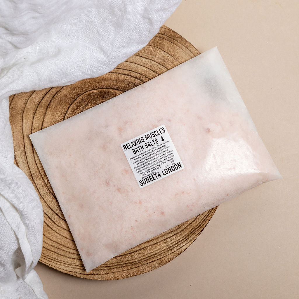 relaxing muscles bath salt, Suneeta London, natural skincare, zero waste cosmetics, sustainable skincare, eco friendly gift ideas