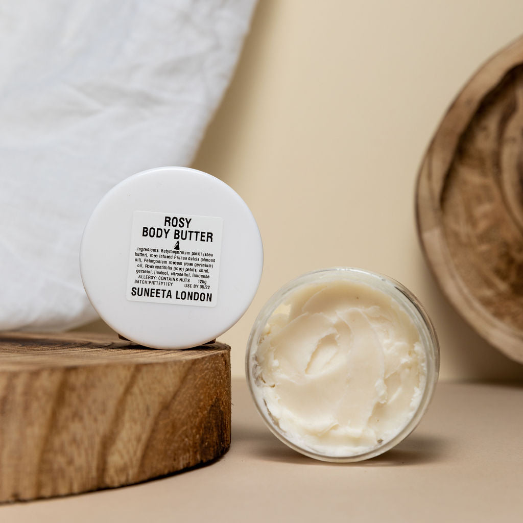 rose body cream handmade by suneeta London, rose scented body cream, sustainable rose cream, eco friendly beauty products